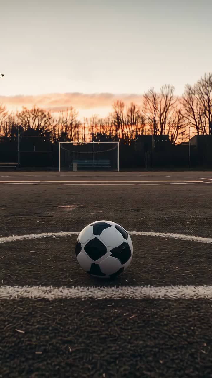 Balón de fútbol en el círculo central mientras la luz del atardecer cambia, con un encuadre en ángulo bajo que evoca deportes.