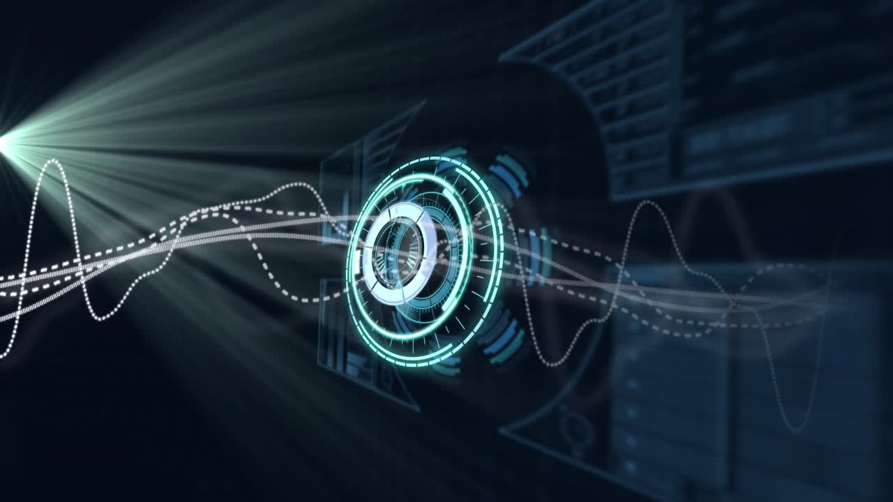 Animation of line graphs moving over illuminated circles on abstract pattern with lens flares
