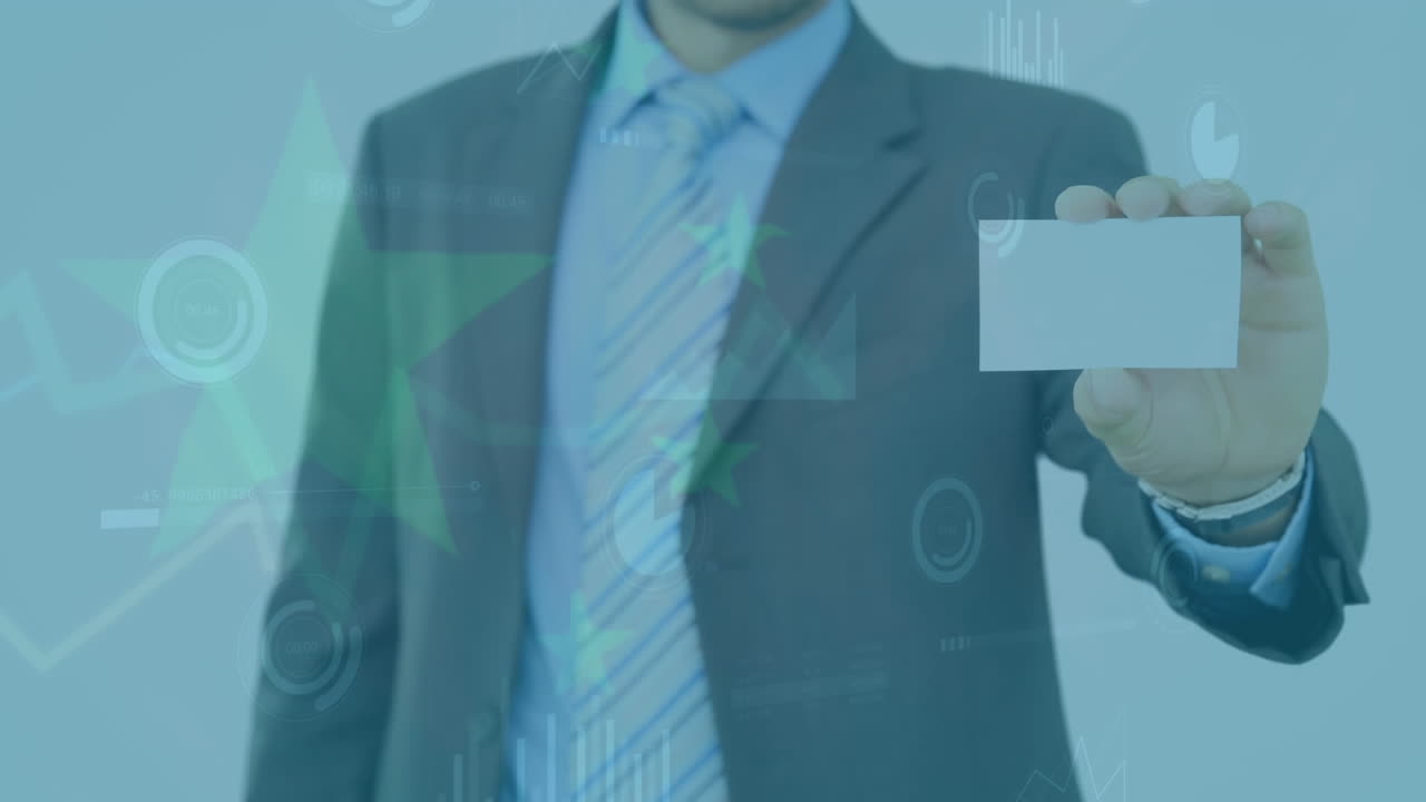 Animation of data processing and flag of china over caucasian businessman with blank card