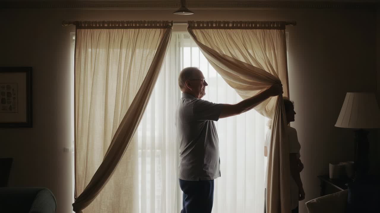 Ein älterer Mann zieht den rechten Vorhang am Wohnzimmerfenster zusammen und reguliert das Licht.