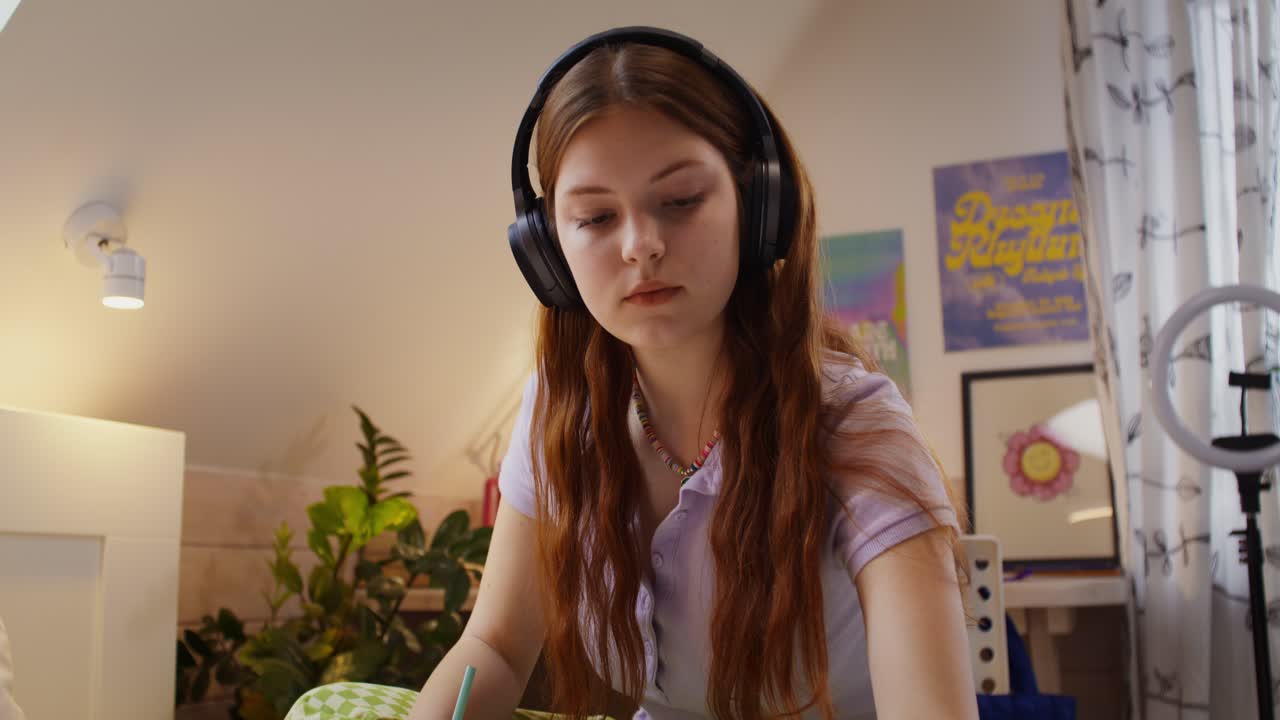 십대 소녀가 헤드폰으로 침실에서 그림을 그리고 있다