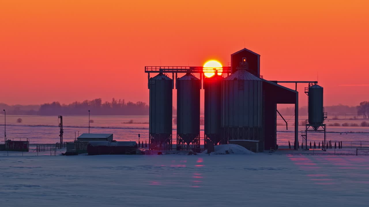 Drone beweegt naar links over bevroren wintervelden en onthult agrarische graanelevatoren onder een stralende zon bij zonsopgang in het landelijke landschap van Letland