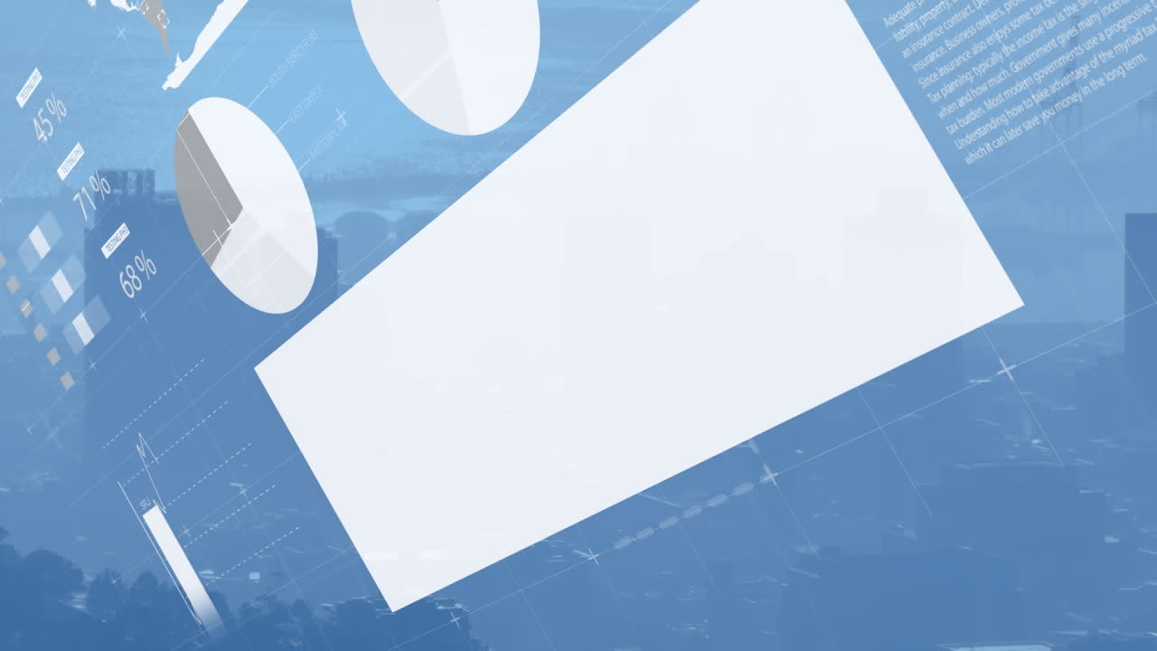 animación de la interfaz infográfica sobre el paisaje urbano moderno contra el cielo nublado