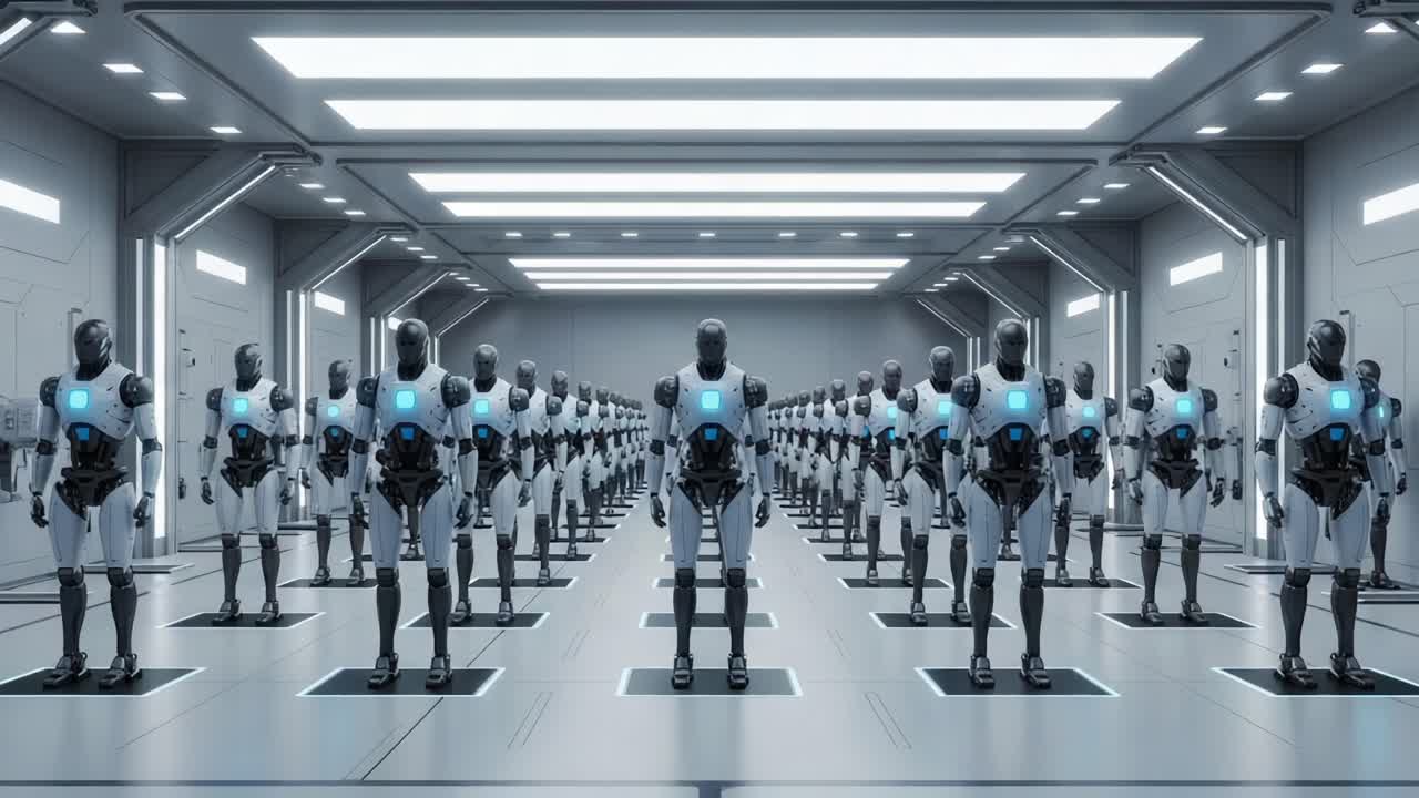 A Command Center Filled with Advanced Humanoid Robots Ready for Activation and Deployment, Showcasing Their Futuristic Design and High-Tech Features in a Sleek Environment