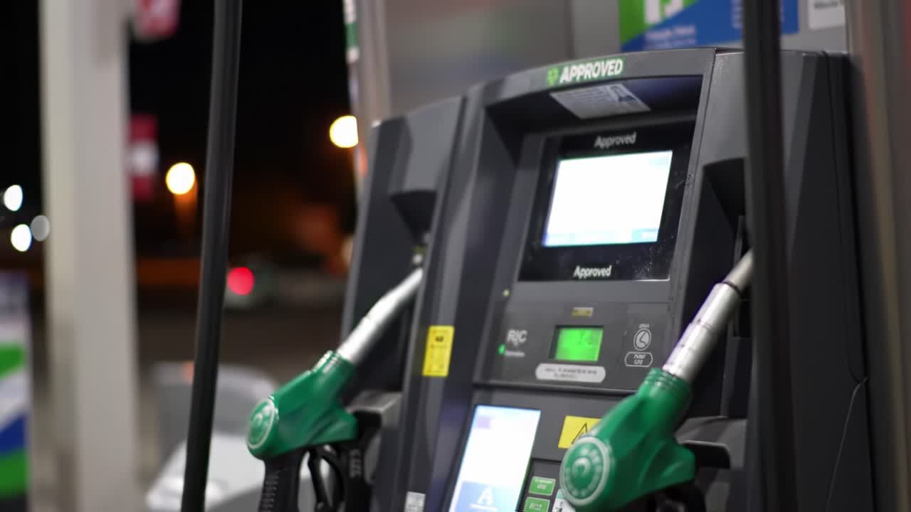 Refueling Station Technology: A Close-Up Look at Gas Pump Interface and Fuel Nozzles During Nighttime Operation for Efficient Refueling Experience