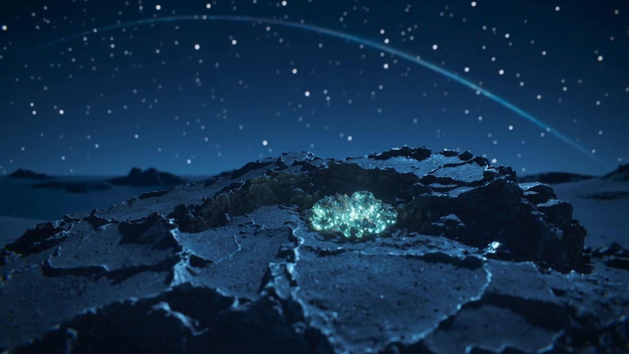 Revealing cyan cluster pulsing and spreading glow on fractured rock plateau at night, meteor arc