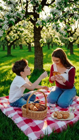 mother and son enjoying a picnic in a blooming orchard
