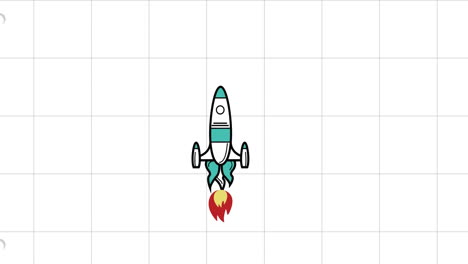animación de una nave espacial azul y blanca ascendiendo en una página de cuaderno blanco cuadrado