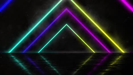 animación de puntos rojos sobre triángulos iluminados que forman un túnel contra un fondo negro