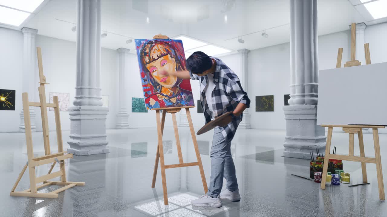 예술가 한 명 이 미술관 에서 초상화 를 그리고 있다