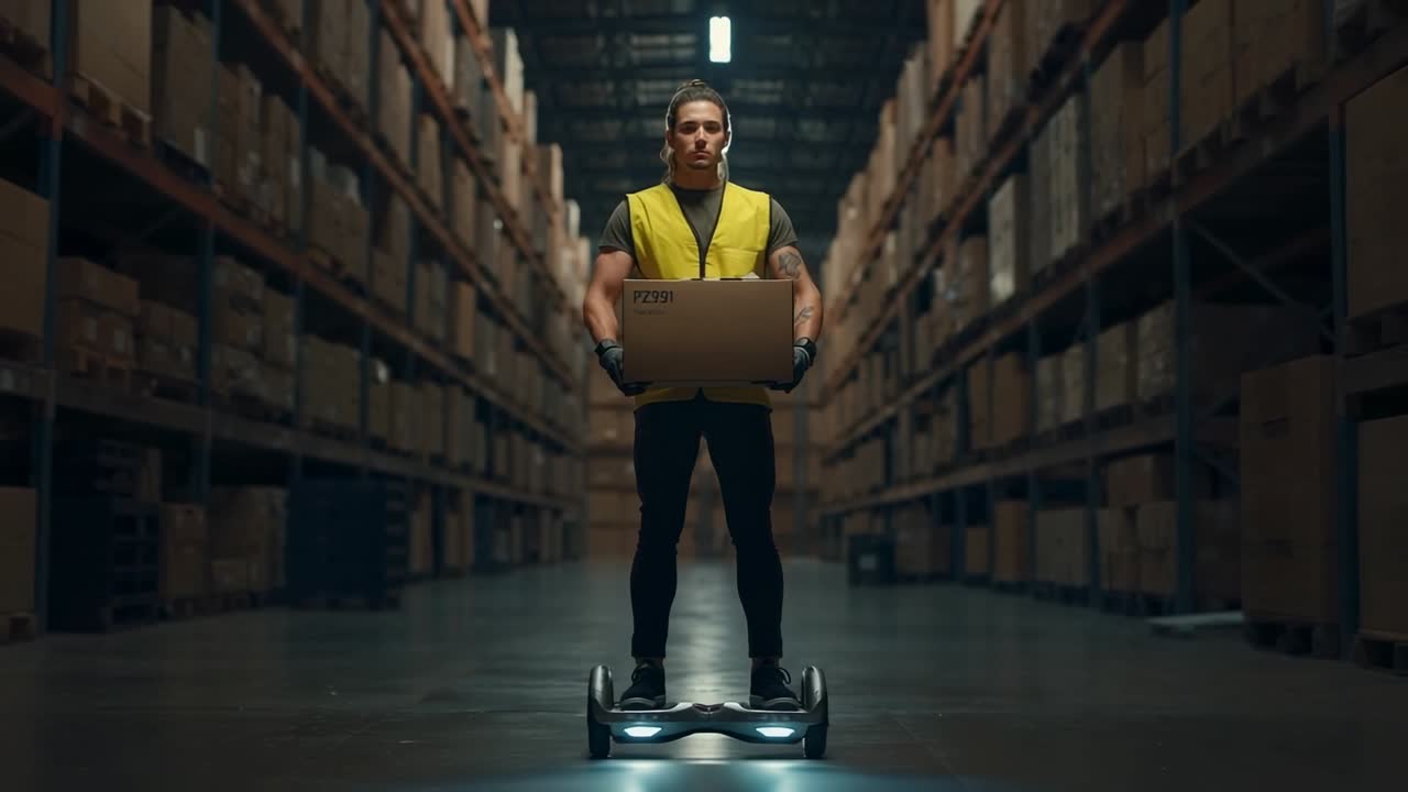 Lifting cardboard box, worker wearing vest riding hoverboard down warehouse aisle stocking shelves