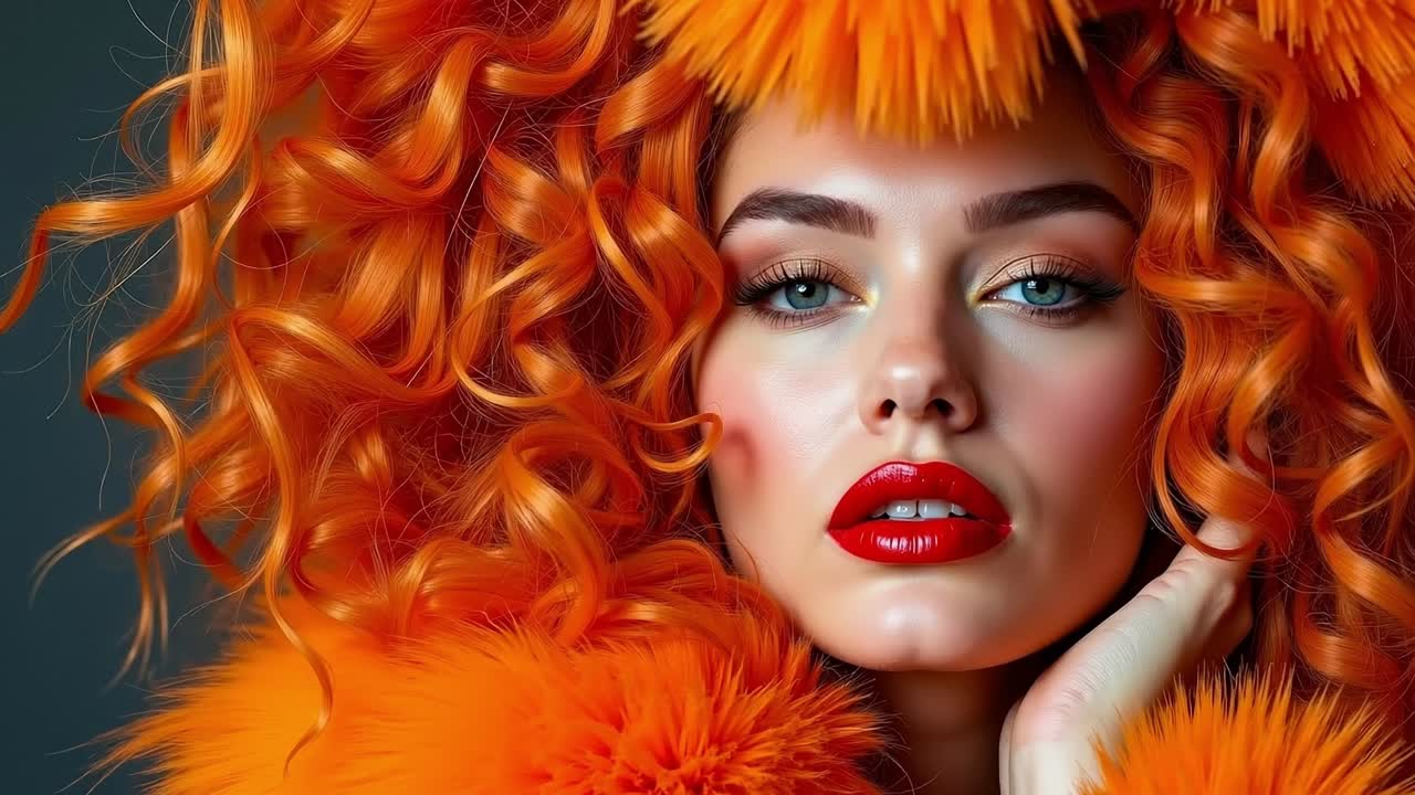 A woman with bright orange hair and a furry hat