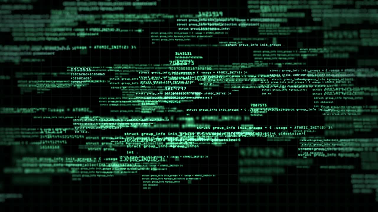 Abstract computer code running technology digital cyberspace. Programming code moving on black screen background, seamless loop.