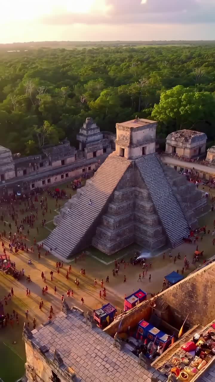 Vista Aerea delle Piramidi Maya di Chichen Itza all'Ora d'Oro