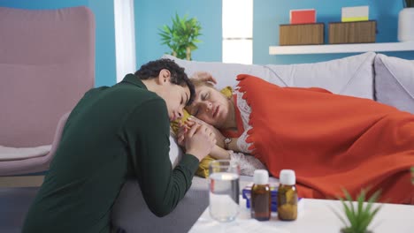 boy at home helping her sick mother for her health and giving her love.