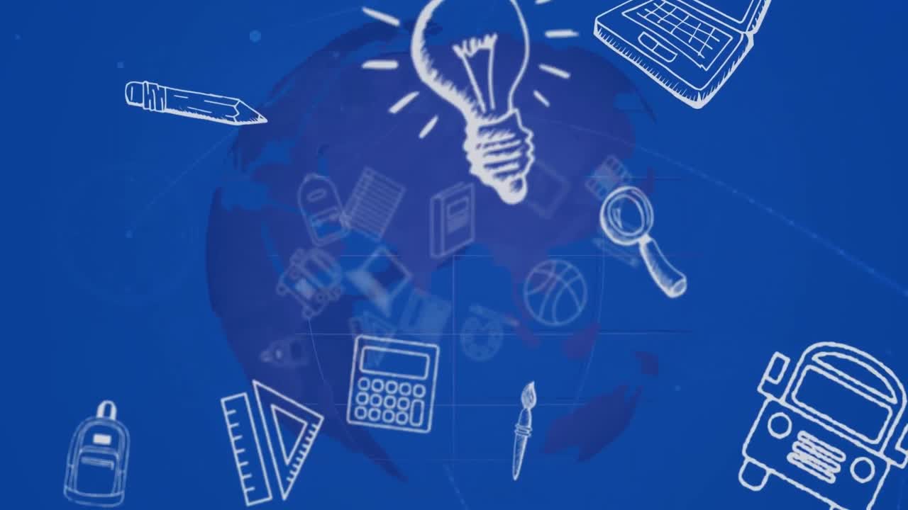 Animation of school icons floating over blue globe and blue background