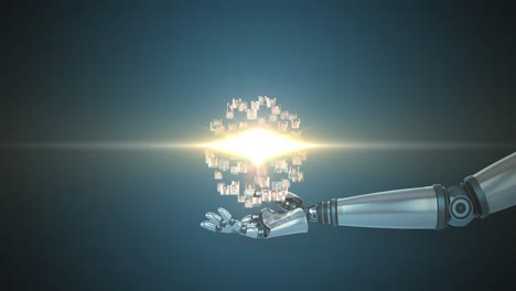 animación de una red de personas sobre la mano del brazo del robot, con luz en movimiento sobre fondo azul