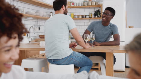 dos parejas relajándose en el sofá en casa con un vaso de vino hablando juntas