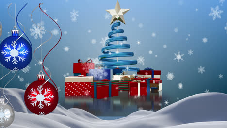 copos de nieve cayendo sobre la joya de navidad colgando decoraciones y regalos contra un fondo azul