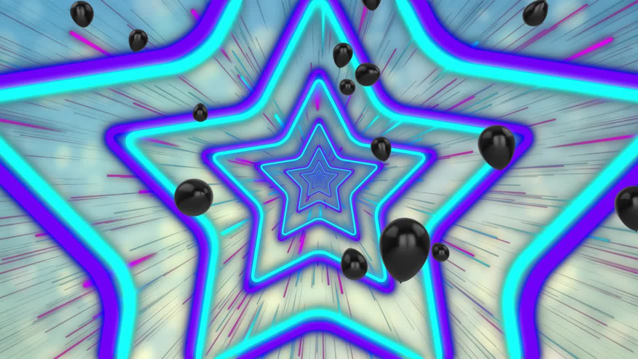 Neon star tunnel emitting black balloons, emitter spawning groups drifting forward for depth