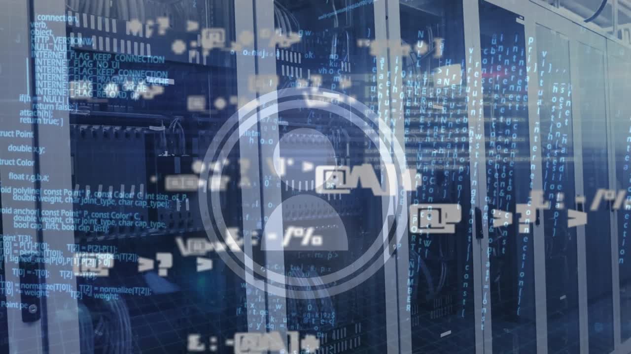 Animation of icons and data processing over server room