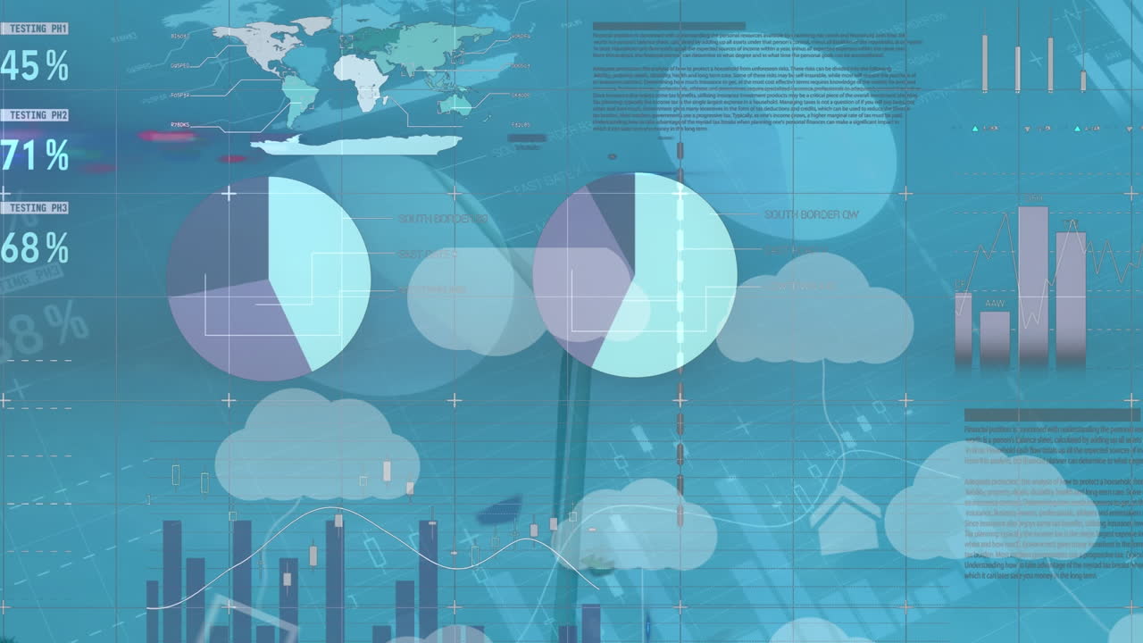 ⁇ 은 하늘을 배경으로 회전하는 풍차 위의 디지털 인포그래픽 인터페이스의 애니메이션