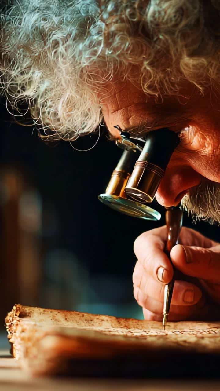 A skilled artisan meticulously examines ancient manuscripts under a microscope, preserving history through detailed craftsmanship and focused attention to detail