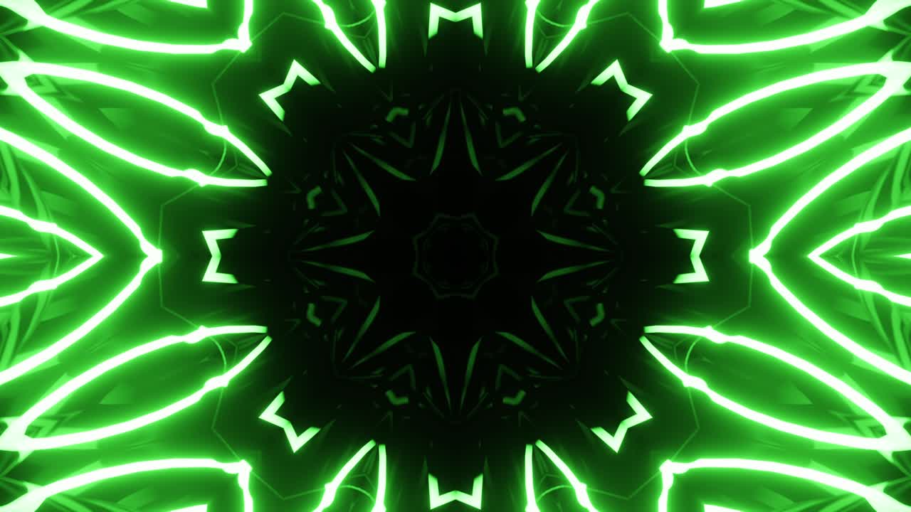 Loop VJ Caleidoscopio neon verde. Animazione senza soluzione di continuità.