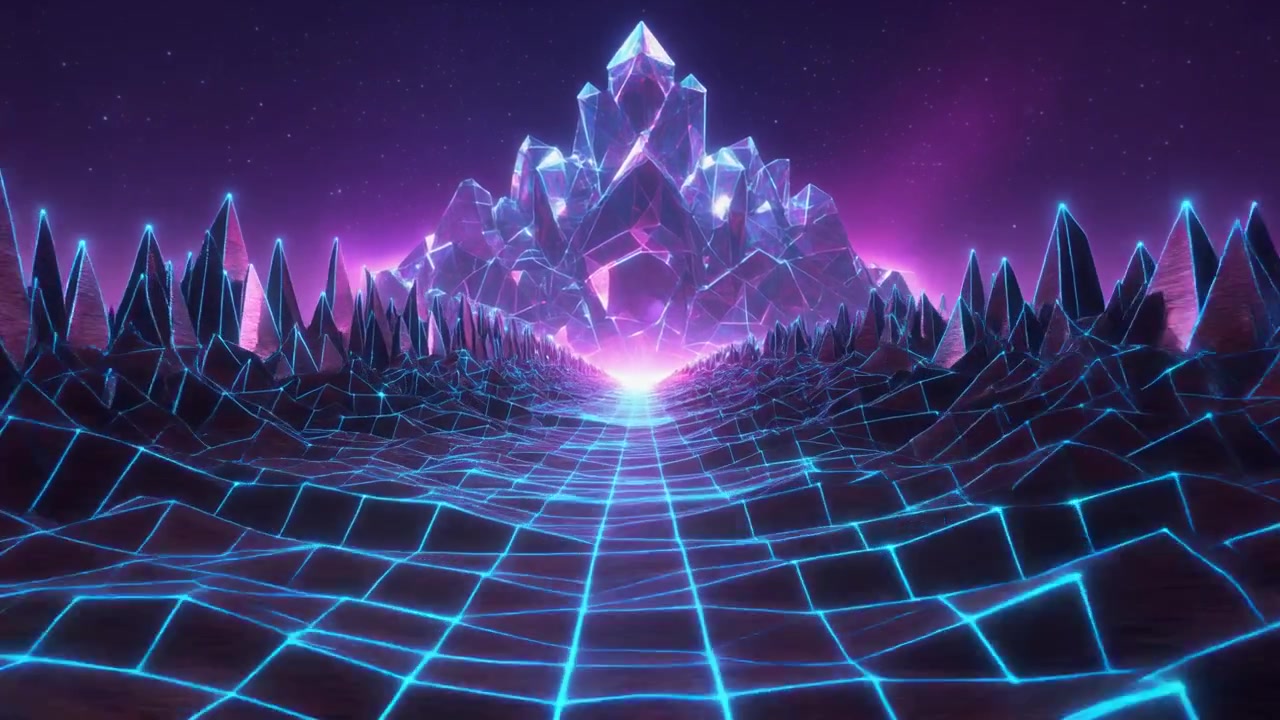 Retro Synthwave Landscape with Glowing Crystal Mountain