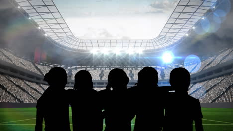 animation of silhouettes of team of sports women with spotlights over sports stadium