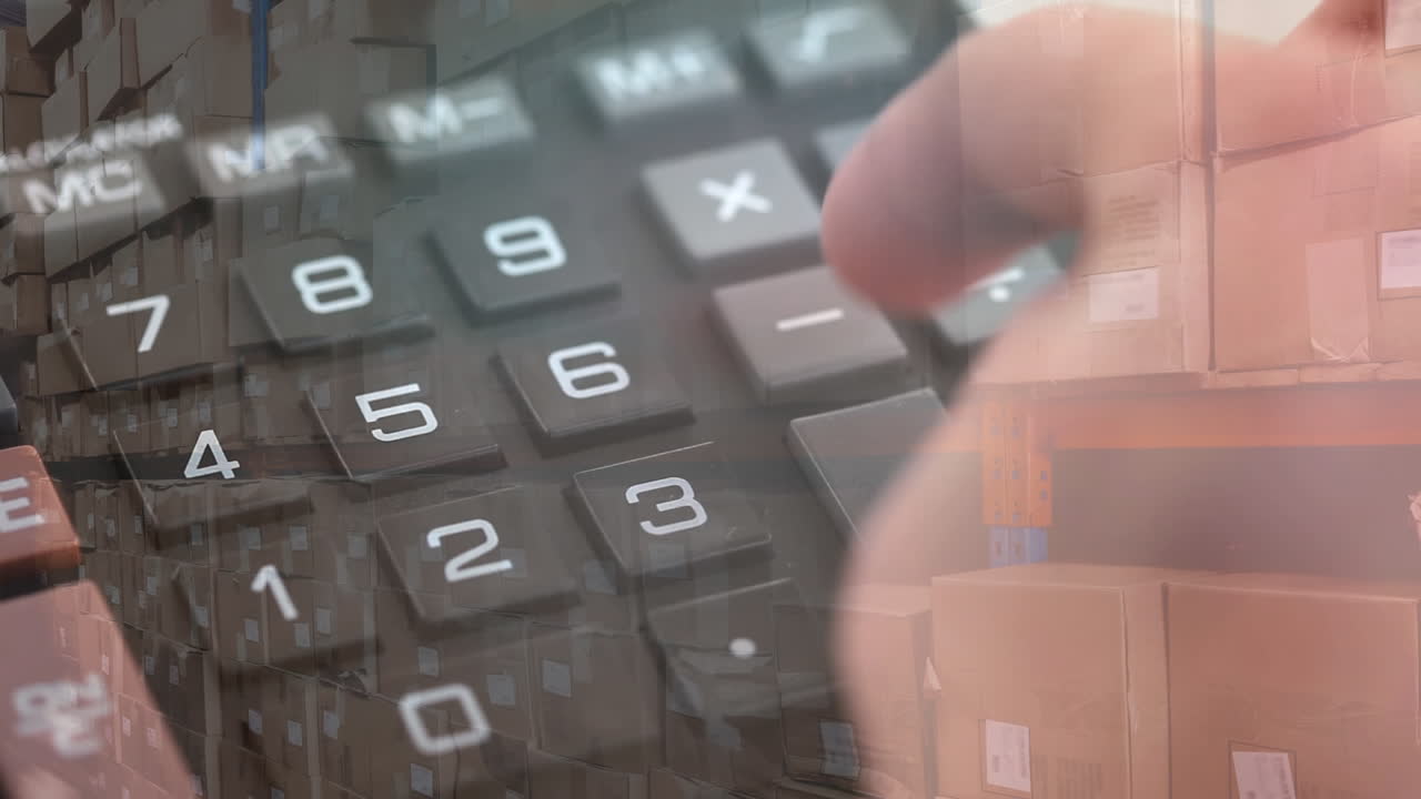 Animation of person using calculator with stacks of boxes in warehouse