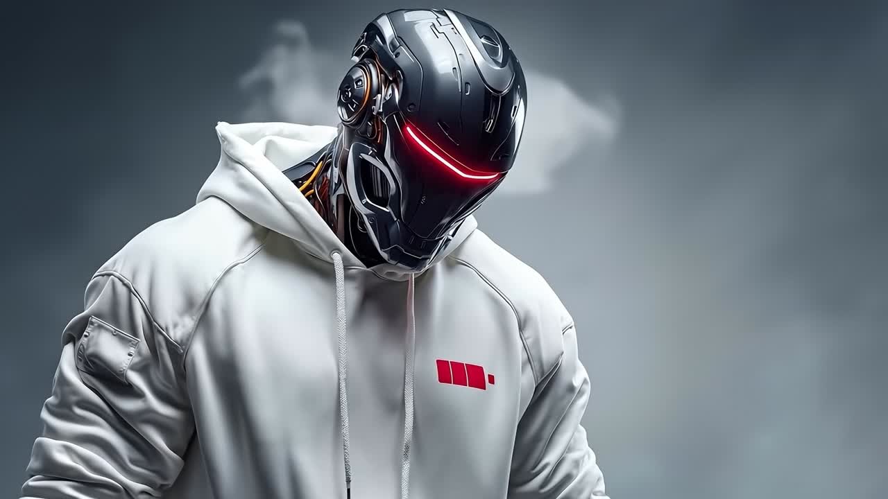 A man wearing a white hoodie with a red light on his face