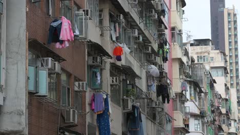 crowded old colorful residential housing apartment buildings seen in kowloon district in hong kong