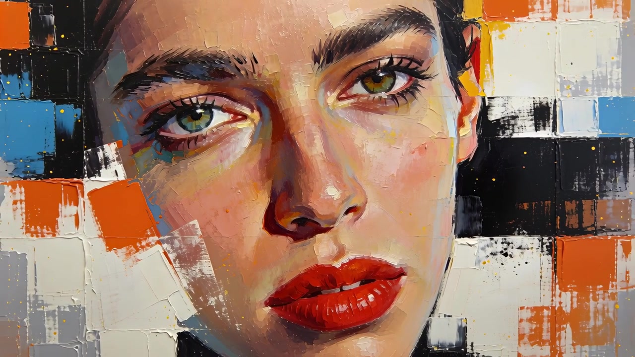 Pulling back cam as clip starting revealing female face on canvas emphasizing impasto color blocks