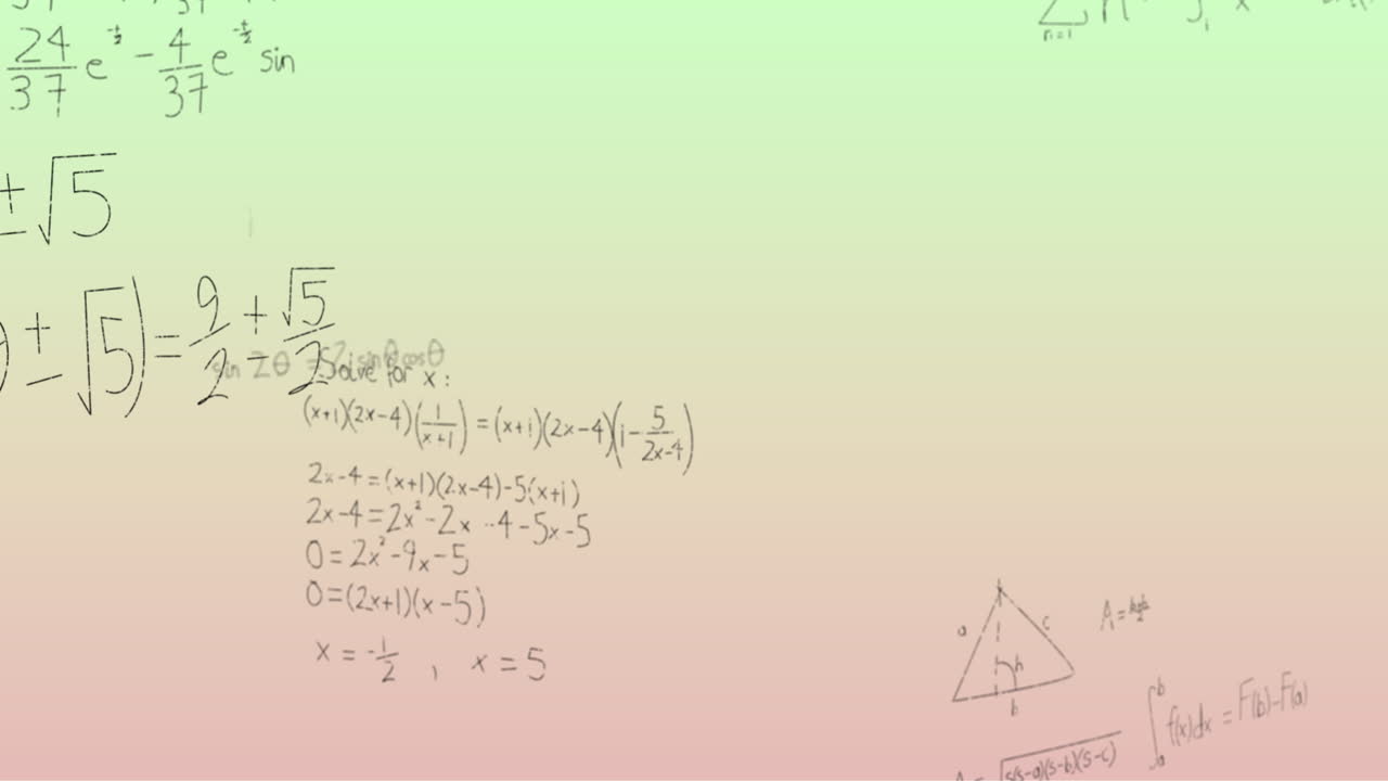 Animation of handwritten mathematical formulae over green to pink background