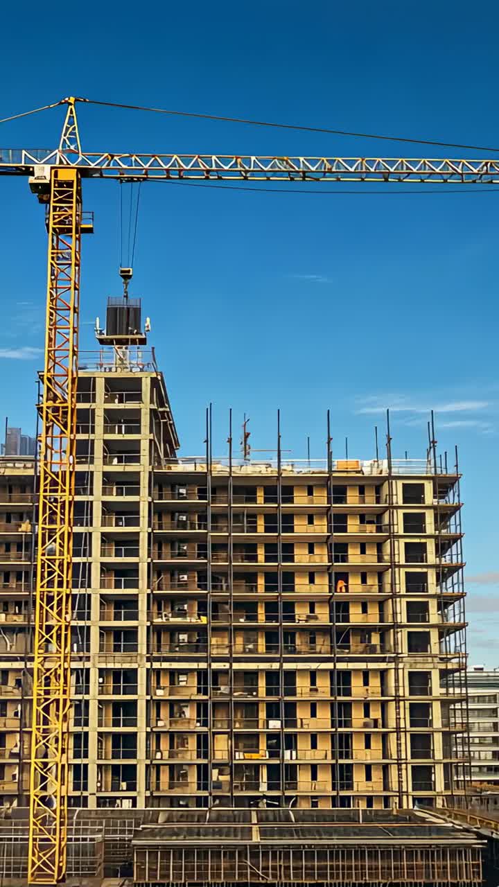 Vertical video: Panning across building site, crane lifting container above frame edge with rebar