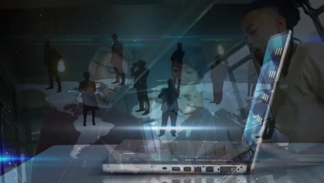 business colleagues collaborating around laptop, projecting holographic map and network lines