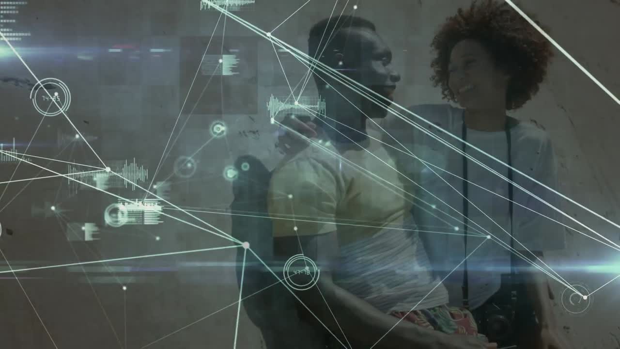 Animation of data processing over african american couple