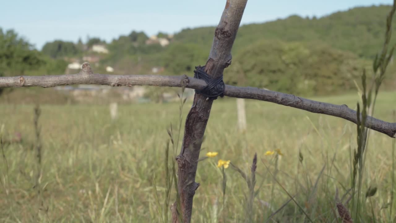 Handmade wooden cross in a field medium tilting shot