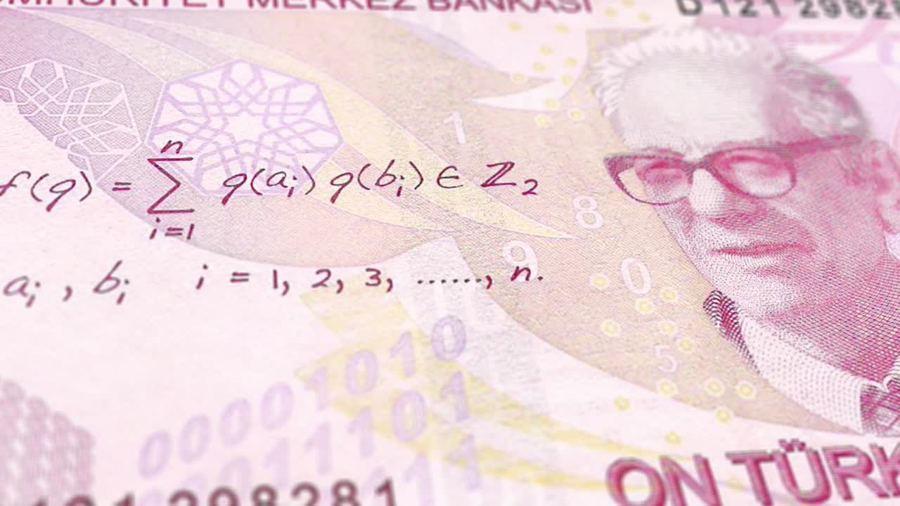 Banconote da 10 Lire Turche, Dieci Lire Turche. Vista ravvicinata e macro della Lira Turca. Inquadrature in tracking e dolly di banconote da 5, 10, 20, 50, 100, 200 Lire Turche, lato fronte e retro. Sfondo di valuta turca, immagine in movimento in loop
