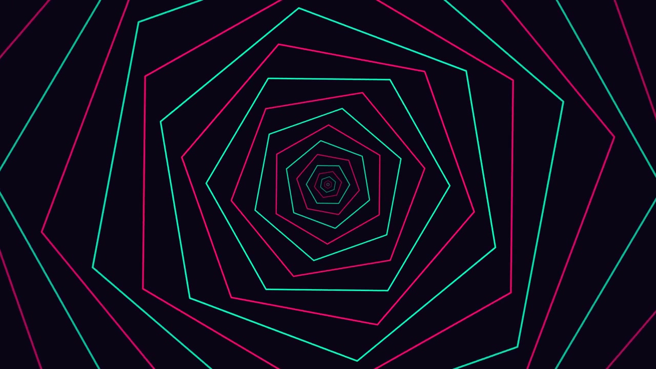 Abstrakti animaatio pyörivistä neonpentagoneista