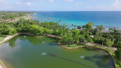 vuelo aéreo sobre lago natural privado, palmeras tropicales y mar caribe azul en el fondo durante el día soleado - punta aguila en república dominicana