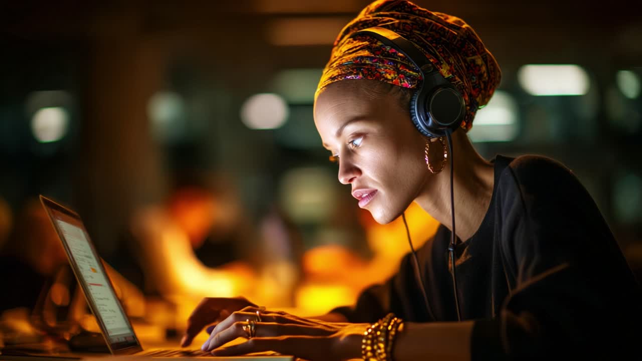 Focused Individual Engaged in Work at a Laptop, Illuminated by Warm Light, with Headphones on, Captured in a Dynamic Co-Working Environment