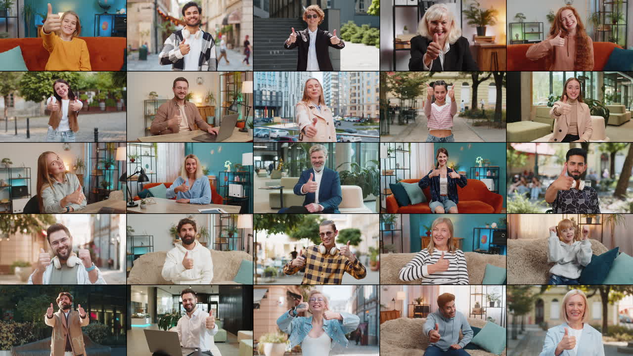 collage de diversas personas felices y sonrientes mostrando los pulgares hacia arriba como un signo positivo buena retroalimentación positiva