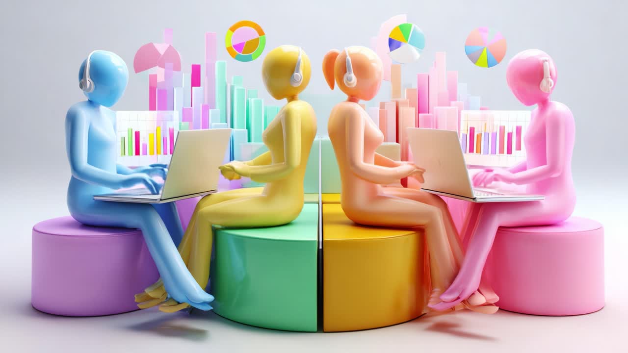 Colorful 3D Figures Engaged in Data Analysis and Collaboration with Laptops Surrounded by Charts and Graphs