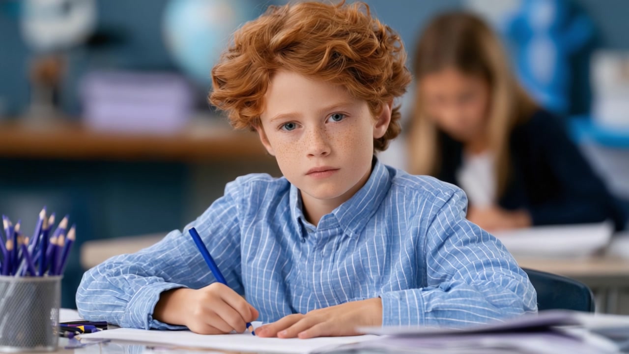 Uno studente concentrato dedica tempo ai suoi studi con concentrazione e determinazione, evidenziate dalla sua espressione attenta e dalla sua tecnica di scrittura ponderata.