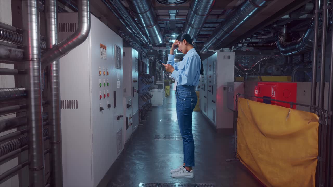 Full Body Side View Of An Asian Female Professional Worker Standing With Her Phone In Engine Control Room, She Is Nodding Her Shead With Dissapionted