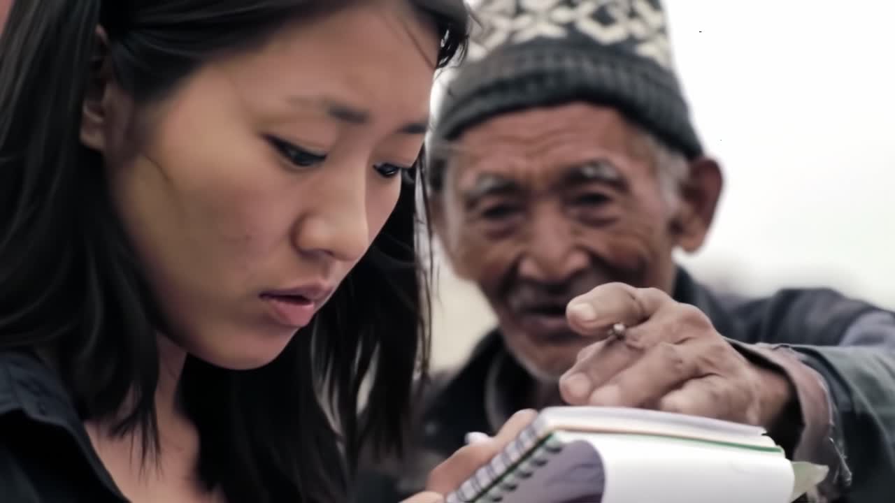 A Young Woman Engaged in Note-Taking While an Elderly Man Observes Intently, Capturing a Moment of Connection and Reflection Through Written Words