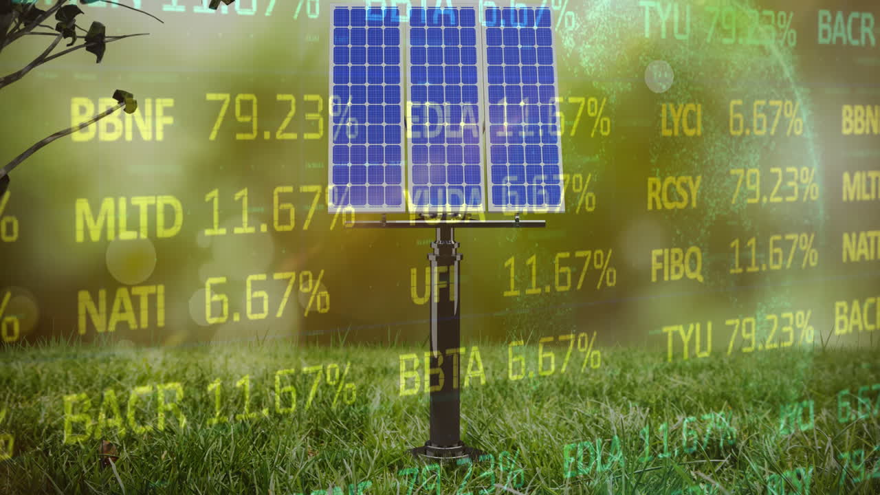 렌즈 플레어에 대항하여 녹색으로 파일 된 태양 패널 위의 다채로운 거래 보드의 애니메이션