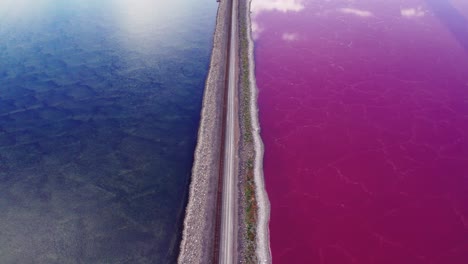 Promotory Point Utah pink and blue split in the Great Salt Lake with railroad dividing from an aerial drone perspective